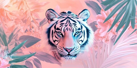 Obraz premium Futuristic Tiger Year Celebration: Elegant Zodiac Party Poster with Geometric Floral Patterns. Stylized Regal Tiger Amidst Dreamy Pastel Hues, Blending Chinese Symbolism and Modern Design. Perfect for