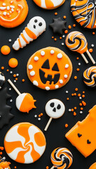 Spooky candy background. Minimalist Abstract Artwork in Deep Orange, Charcoal Black, and Bright White – Perfect for Halloween Inspired Designs