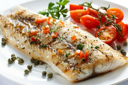 Pike perch, fried sander fish, zander fillet with tomatoes, capers. Barbecue pike meat on white