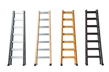 Diverse Collection of Ladders Showcasing Various Heights, Materials, and Designs in a Studio Environment on Transparent PNG Background.