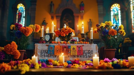 A beautifully decorated altar features marigolds, candles, and photographs honoring loved ones during Dia de los Muertos in a vibrant church atmosphere