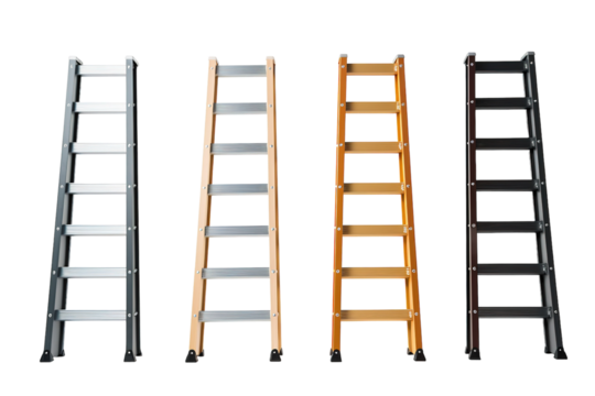 Diverse Collection of Ladders Showcasing Various Heights, Materials, and Designs in a Studio Environment on Transparent PNG Background.