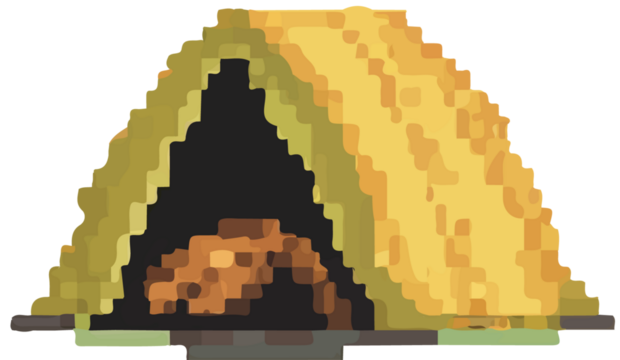Pixelated 8-bit retro game scene with trees, butterflies, and a cozy campfire in a lush green forest, perfect for camping adventures. Game style icons. 