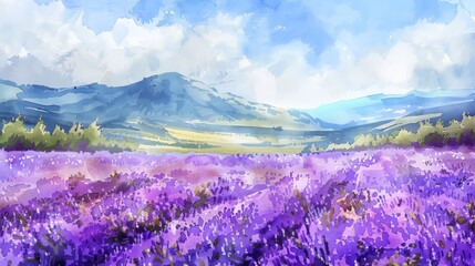 Naklejka premium Watercolor painting of a vibrant lavender field with a tranquil mountain backdrop