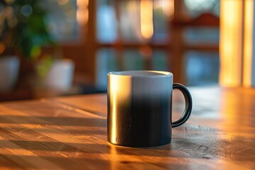 A simple arrangement of a wooden table and a black coffee mug