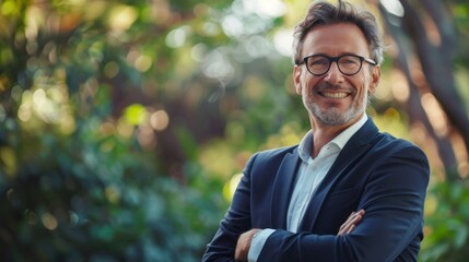 A man in a suit and glasses is smiling and posing for a picture