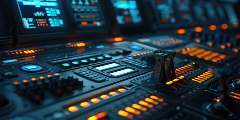 A close-up view of a control panel in a room, often used for technical settings or presentations