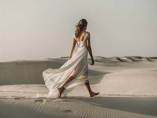 Bridal Elegance in the Dunes: A bride in a flowing white gown walks barefoot across a sandy desert landscape, her dress billowing in the wind, creating a sense of ethereal grace and romanticism.  