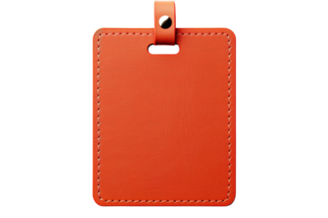 Vibrant Orange Leather Tag Perfect for Identification at Events or Travel on Transparent PNG Background.