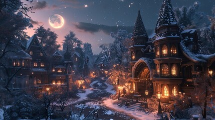 Obraz premium Fairy-tale town square with whimsical architecture and glowing lanterns, surrounded by a tranquil forest blanketed in winter snow under a crescent moon
