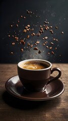 cup of coffee with coffee  beans flying in air on black background