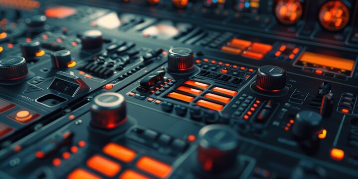 Control panel in a recording studio with various equipment and knobs