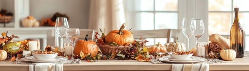 Rustic autumn table setting featuring pumpkins, candles, and harvest-themed decorations, creating a cozy and warm atmosphere for fall dining.