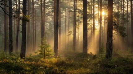 Fototapeta premium Sunrise through the Trees in a Misty Forest