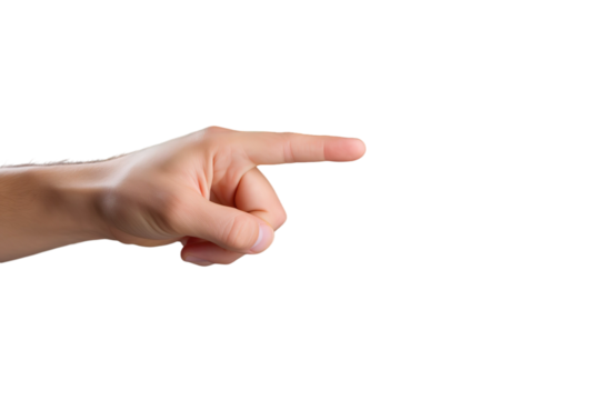 A Human Hand Gesturing Intently While Pointing Towards an Undefined Direction in Bright Illumination on Transparent PNG Background.