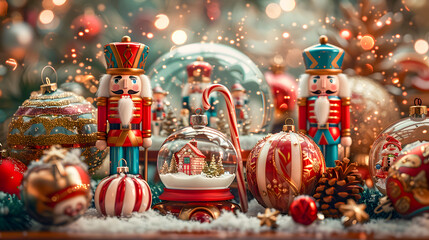 A whimsical display of nutcracker figurines, colorful candy canes, and sparkling snow globes, capturing the magic of the season