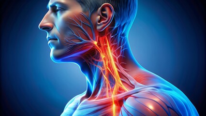 3D Illustration of a Male Neck Showing the Nerves, Blue and Red Color Scheme, Anatomy, Medical, Healthcare, Human Body, Pain
