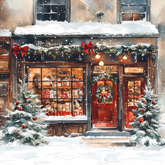 Christmas store in Watercolor, generated ai
