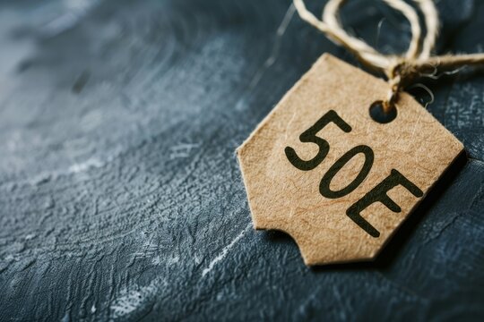 Close-up of a tag with the number 50E on a dark background.