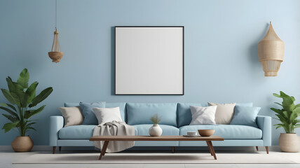 Modern cozy mock-up and decoration furniture of the living room and empty canvas frame on the light blue wall texture background, 3D rendering
