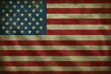 A worn-out American flag displayed on a wall, with a distressed and faded design