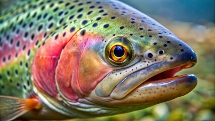 A Close-Up Portrait of a Rainbow Trout with a Vibrant Eye, Capturing the Beauty of Nature's Detail - Fish, Wildlife, Macro, Nature, Animal, Photography
