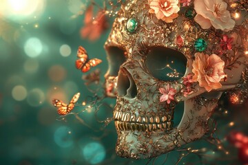 Naklejka premium a skull with vibrant flowers blend realism with fantasy, combining elegance and macabre in beautiful harmony.