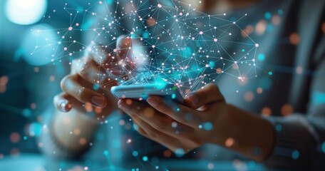 Woman Using Smartphone with Abstract Network Visualization