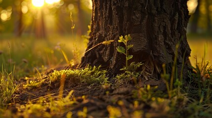 Obraz premium Close-up of a Tree Trunk Base with Sunlight Filtering Through Br