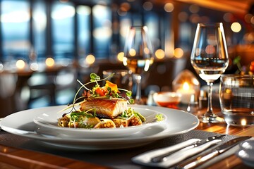 Delicious Salmon Salad on a White Plate in a Restaurant.
