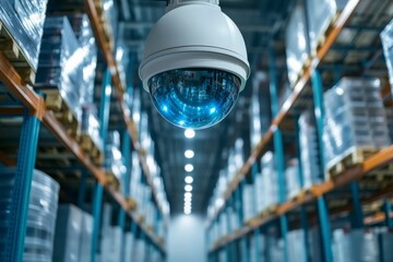 Close-up of a security camera monitoring a large warehouse with stocked shelves under bright lighting, ensuring safety and surveillance.