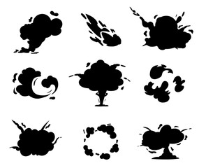 Explosion set. Black silhouette of exploding and smoking. Dust and mist, comic smoke flows and clouds, Wind steaming. Exploded dynamite or nuclear bombs icons design, vector isolated illustration