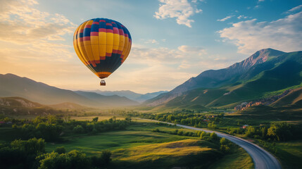 At sunrise, a colorful hot air balloon rises above the green valley, creating an amazing contrast with the blue sky and surrounding mountains.