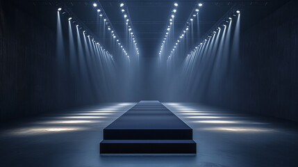 An empty runway at a fashion show, lit by numerous spotlights. The podium, ready to present the latest collections, exudes professionalism and style.