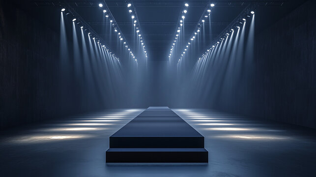 An empty runway at a fashion show, lit by numerous spotlights. The podium, ready to present the latest collections, exudes professionalism and style.