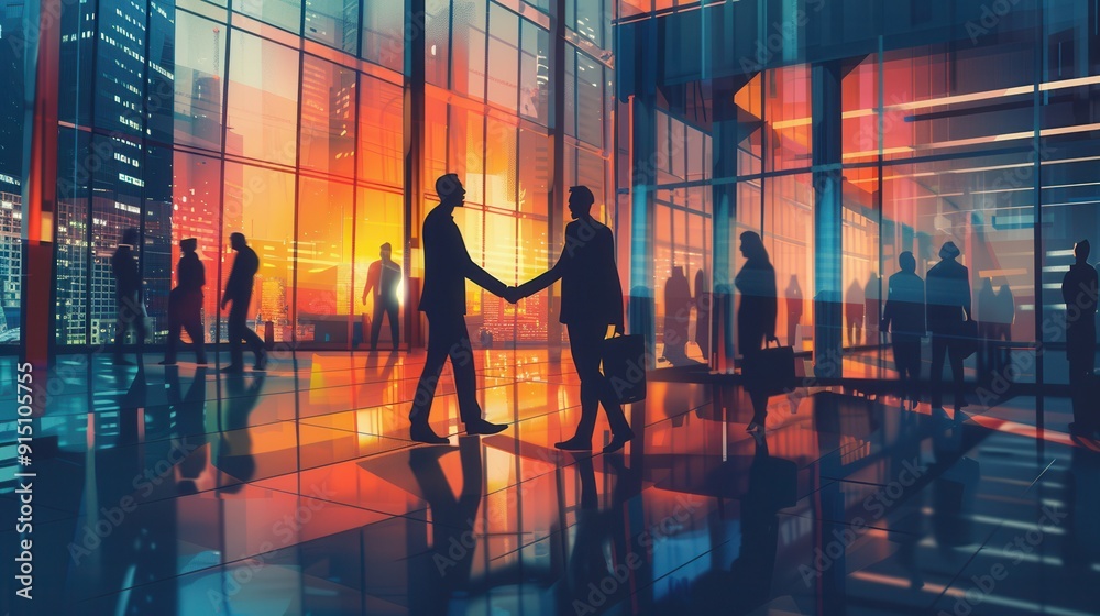 Poster business partners shake hands confidently with a vibrant sunset and contemporary architecture as the