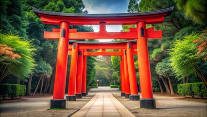 A Walk Through the Red Torii Gates A Vibrant Composition of Japanese Architecture in a Lush Green Forest