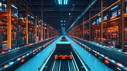Futuristic automated warehouse with advanced robotics and AI technology, showcasing efficiency and innovation in modern logistics.