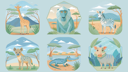 Animals in the savanna africa set. Vector illustration of wild animals in the zoo.
