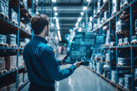 Man using futuristic digital technology to manage inventory in a modern warehouse, representing advanced logistics solutions. - Powered by Adobe