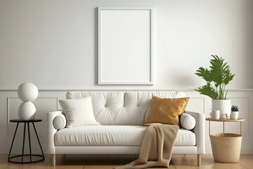 Minimalist living room interior with white sofa and a blank framed picture.