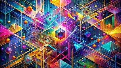 Abstract Geometry A Digital Canvas of Prismatic Lines, Spheres and Vibrant Colors - Digital art, abstract art, geometric shapes, colorful art, vibrant art, digital painting