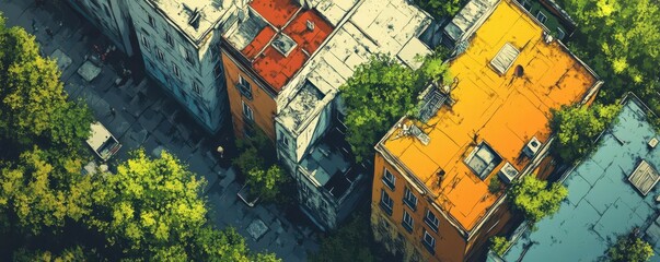 Fototapeta premium Urban exploration flat design top view adventure cartoon drawing Split-complementary color scheme