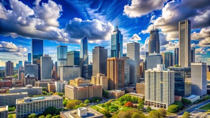 Naklejka premium Aerial Perspective of a Cityscape with a Dramatic Blue Sky and Puffy Clouds, Composition of Skyscrapers and Green Spaces, Urban Architecture, Cityscape Photography, Skyline, Urban Landscape, Modern Ar