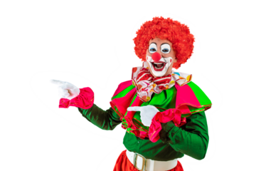 Funny clown pointing at blank template copy spase for advertising, posters, greetings, invitations. Entertainer as Joker in a suit and wig, with clown whiteface makeup.
