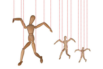 Wooden puppet doll, dancing marionette. Concept of emotional manipulation, world conspiracy theories