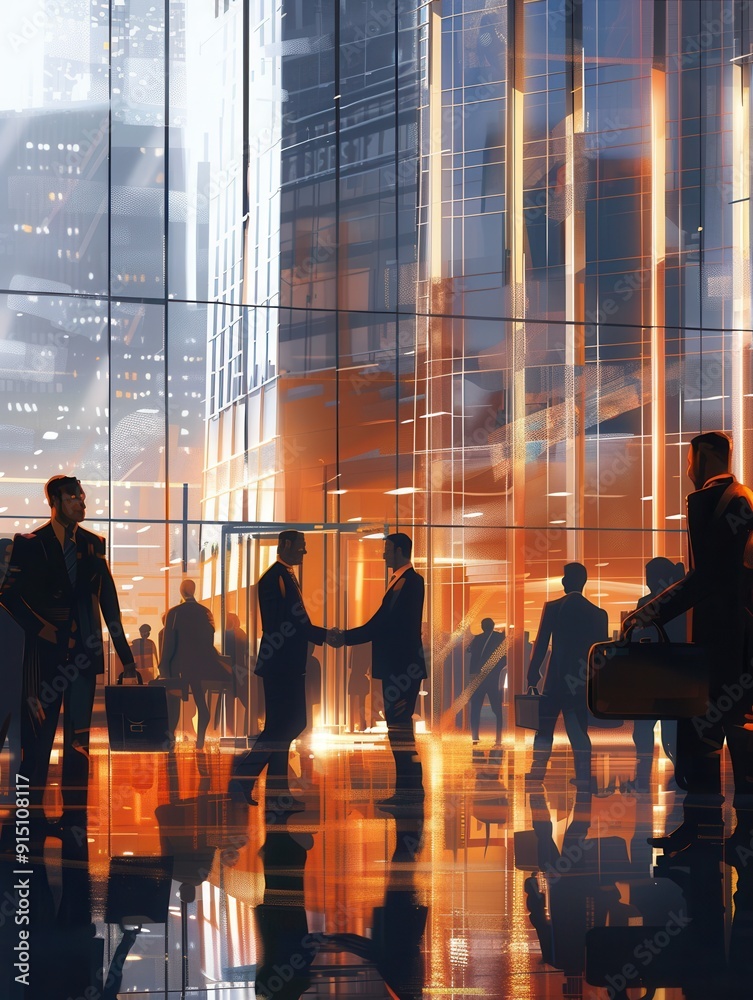 Poster two business people shake hands confidently in front of a sleek modern office building at dusk, symb