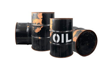 Barrel of oil. Rusty dangerous barrel with fuel or crude oil on isolated background