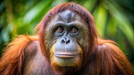 Fototapeta premium close-up of an orangutan. Its fur is reddish-brown in color. The background is blurry with green plants, giving it the feel of a natural habitat.