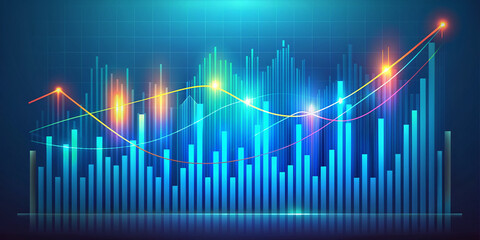 Vibrant graph with candlestick chart and trending lines on a gradient blue background, representing financial growth, investment, and economy trends for business concepts and designs.